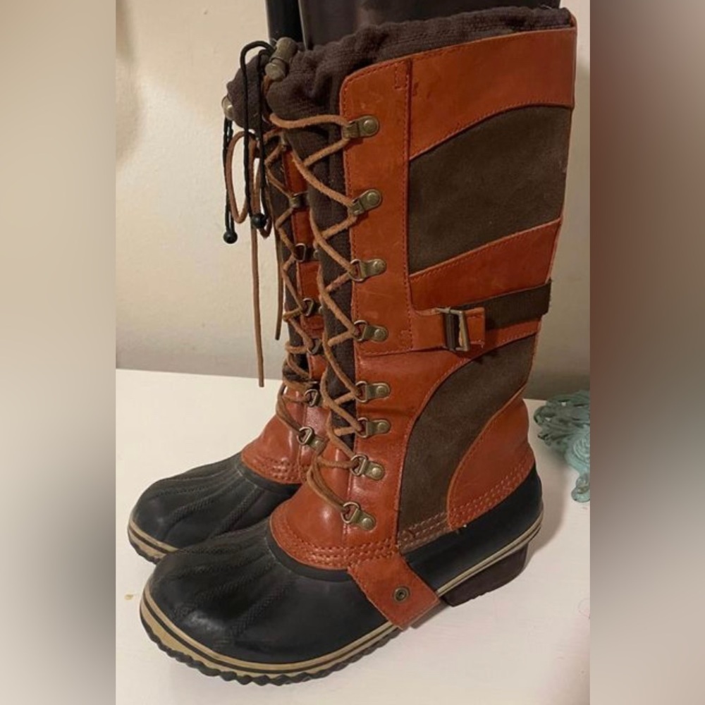 Sorel Womens Leather Rubber Brown Black CONQUEST CARLY TALL Boots Sz 9.5